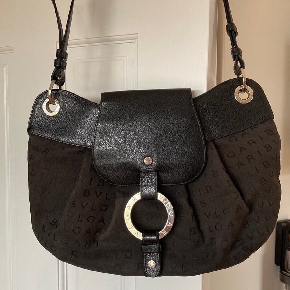 Bulgari Black Crossbody Sling Bag with Silver Ring Accent